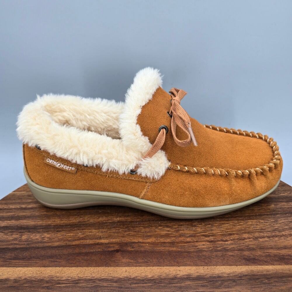 Orthofeet Capri Slippers Womens 8.5 Wide Brown Suede Faux Fur Lined Moccasin
